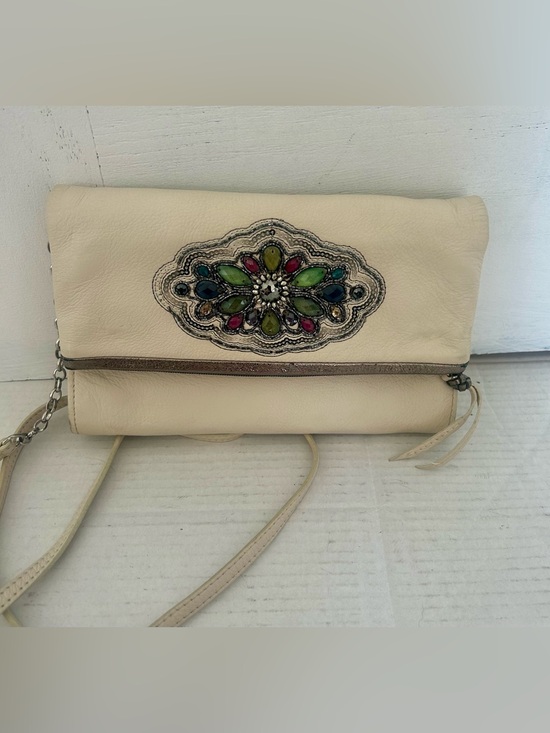 Brighton Handbags - Vintage Brighton Cream Fold-Over Crossbody Bag with Colorful Jewel Embellishment